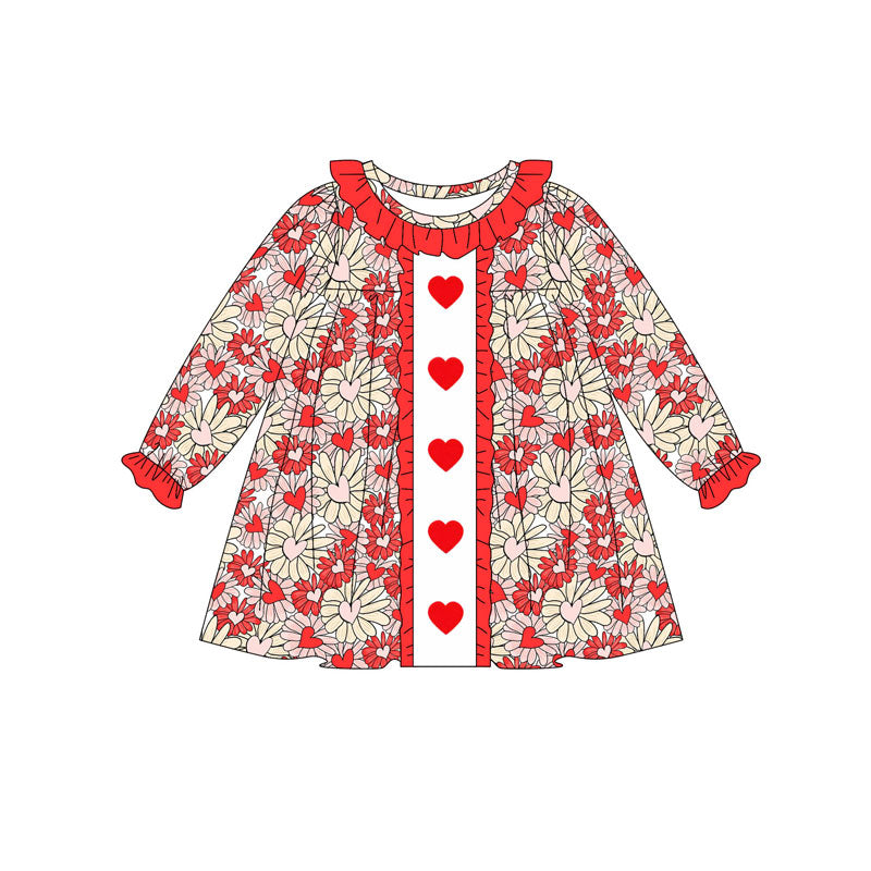 preorder GLD1306 Valentine's Day heart flowers red long sleeve girls dress
