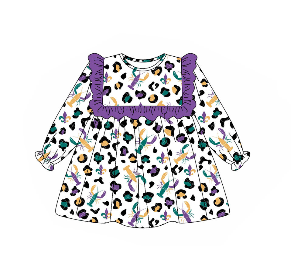 preorder GLD1307 Mardi Gras leopard crayfish purple long sleeve girls dress