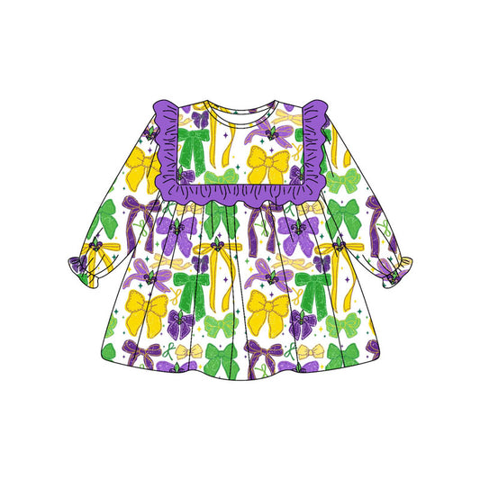 preorder GLD1308 Mardi Gras yellow purple green bows long sleeve girls dress