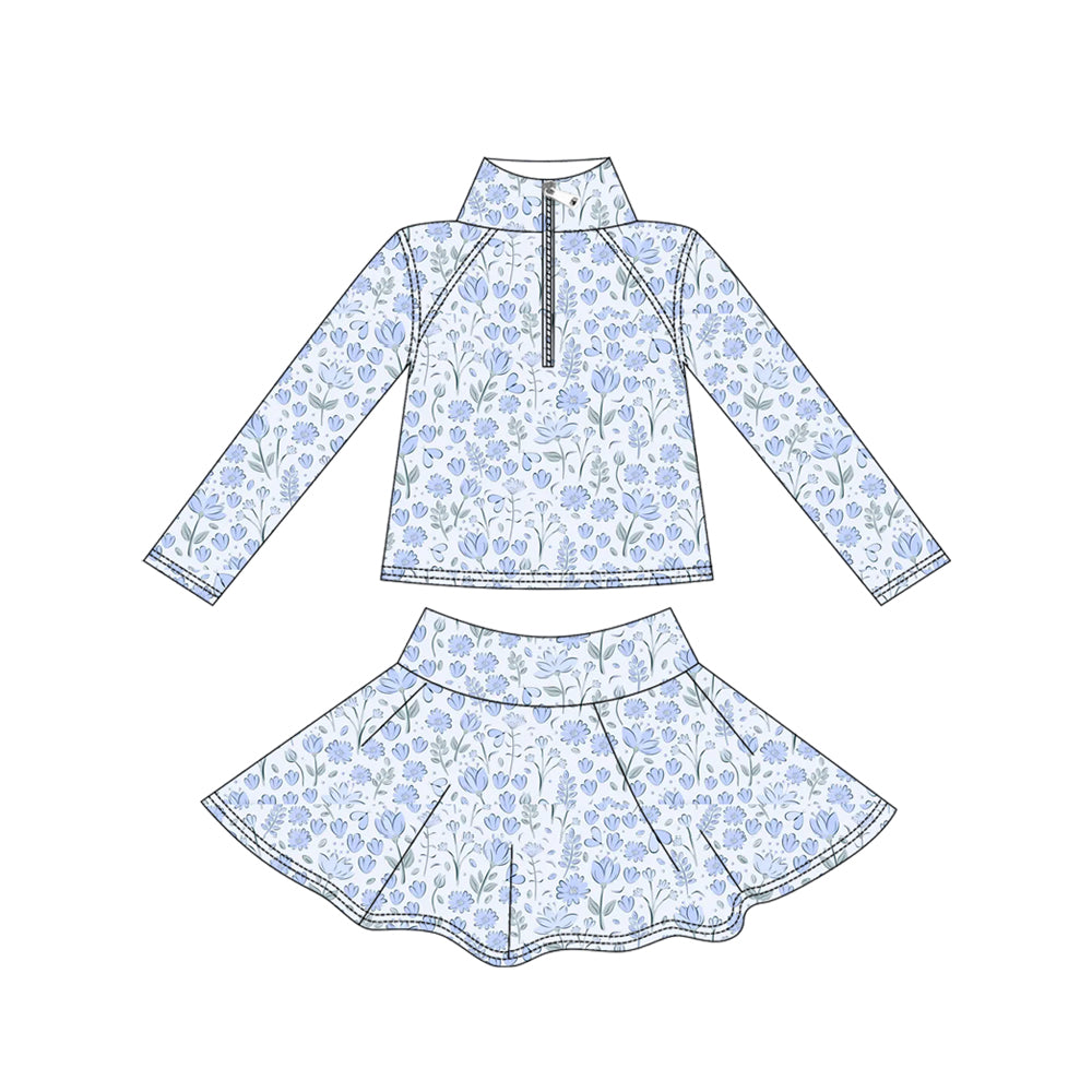 preorder GLD1310 yoga blue flowers floral zipper long sleeve skorts girls set