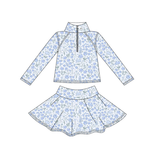 preorder GLD1310 yoga blue flowers floral zipper long sleeve skorts girls set