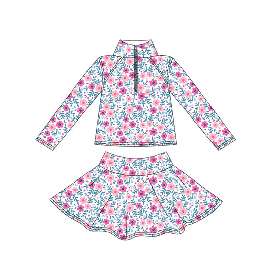 preorder GLD1311 yoga pink flowers floral zipper long sleeve skorts girls set