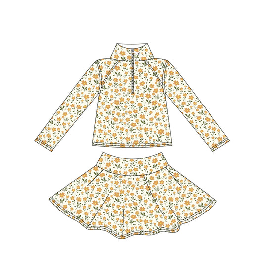 preorder GLD1312 yoga yellow flowers floral zipper long sleeve skorts girls set
