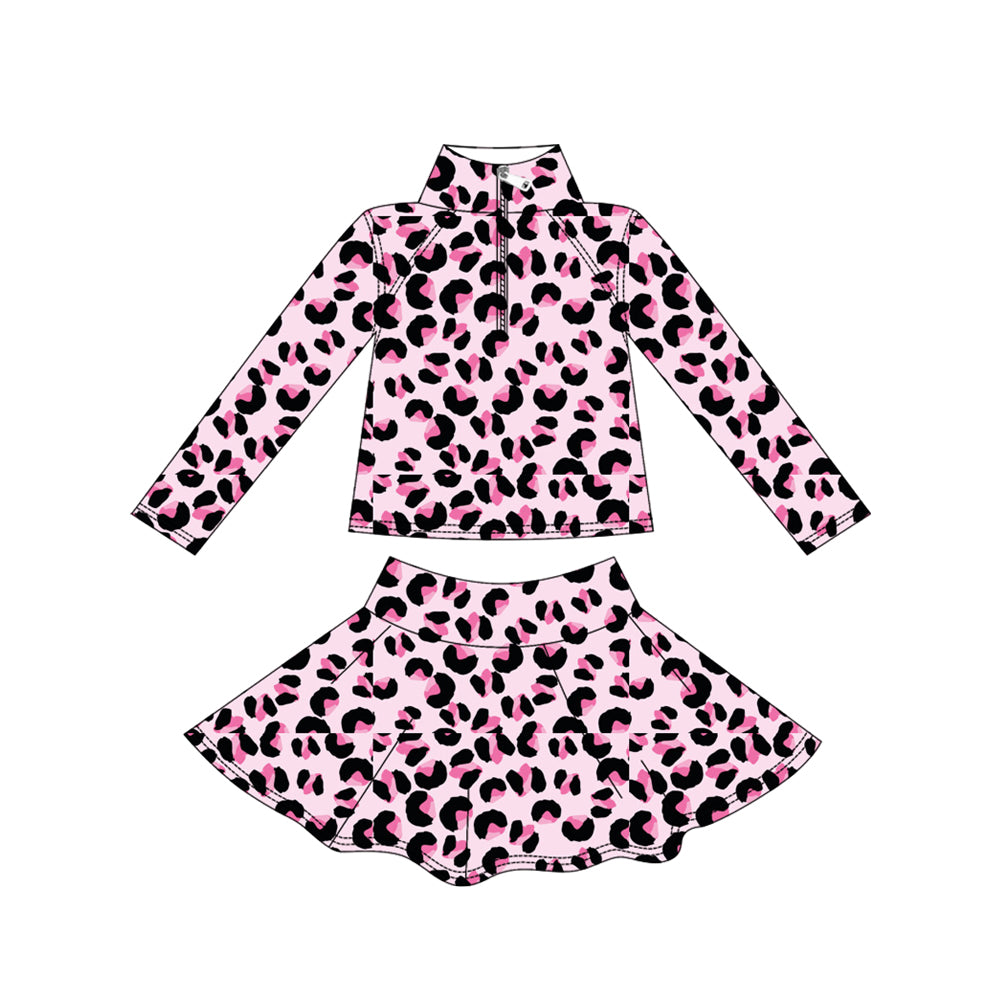 preorder GLD1313 yoga pink leopard zipper long sleeve skorts girls set