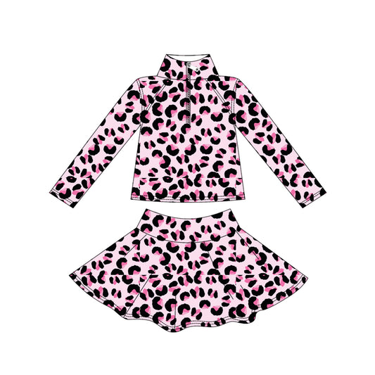 preorder GLD1313 yoga pink leopard zipper long sleeve skorts girls set