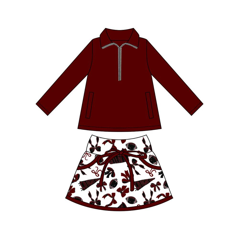 preorder GLD1323 maroon zipper long sleeve football bows skorts girls set