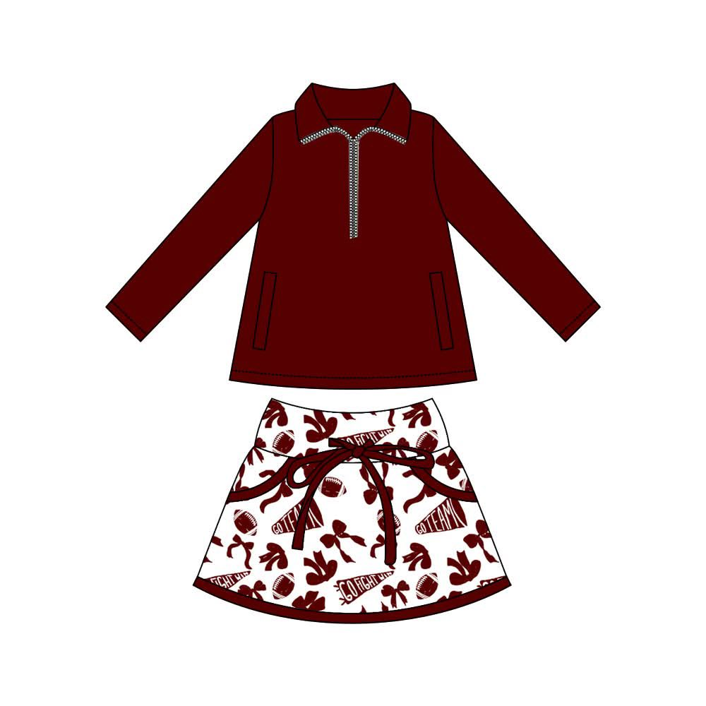 preorder GLD1324 maroon zipper long sleeve football bows skorts girls set