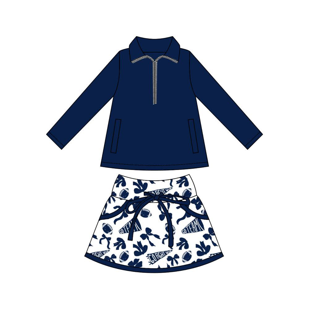 preorder GLD1325 navy blue zipper long sleeve football bows skorts girls set
