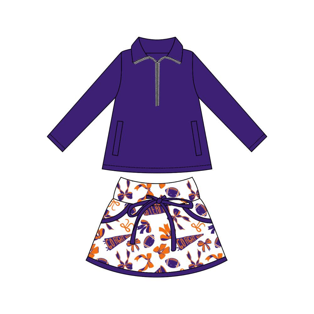 preorder GLD1326 purple zipper long sleeve football bows skorts girls set
