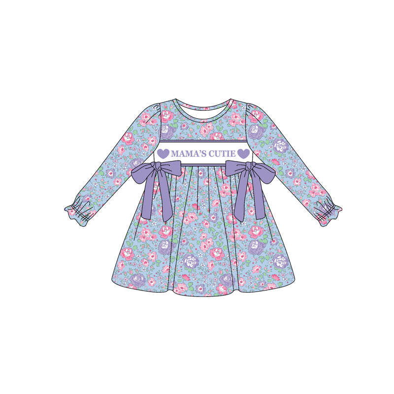 preorder GLD1341 mama's cutie purple heart flowers floral bows long sleeve girls dress