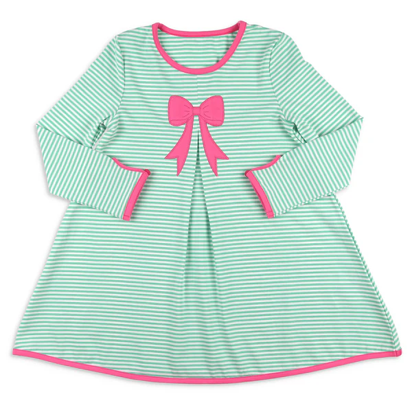 preorder GLD1342 hot pink bows green striped long sleeve girls dress