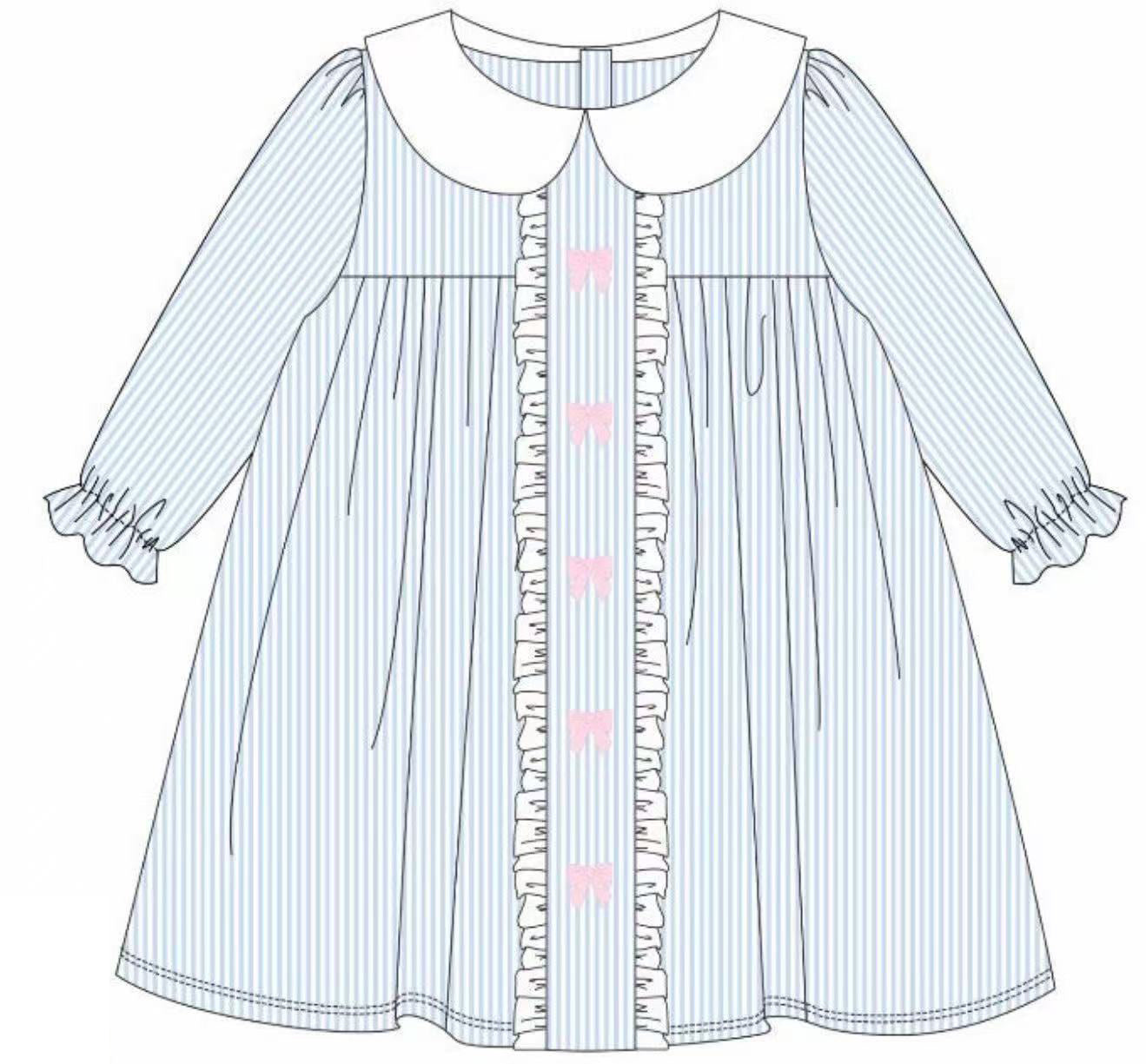 preorder GLD1344 pink bows blue striped long sleeve girls dress