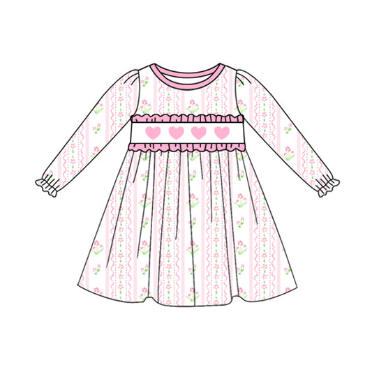 preorder GLD1347 Valentine's Day pink heart pink flowers long sleeve girls dress
