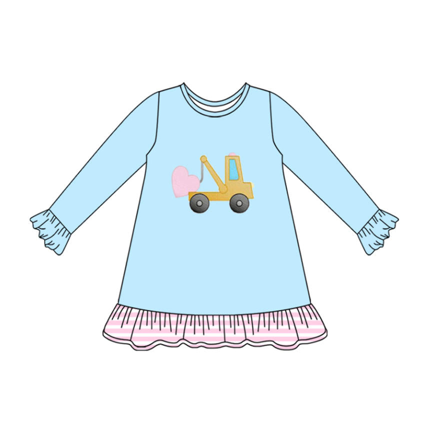 preorder GLD1348 Valentine's Day heart construction truck blue long sleeve girls dress