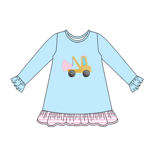 preorder GLD1348 Valentine's Day heart construction truck blue long sleeve girls dress