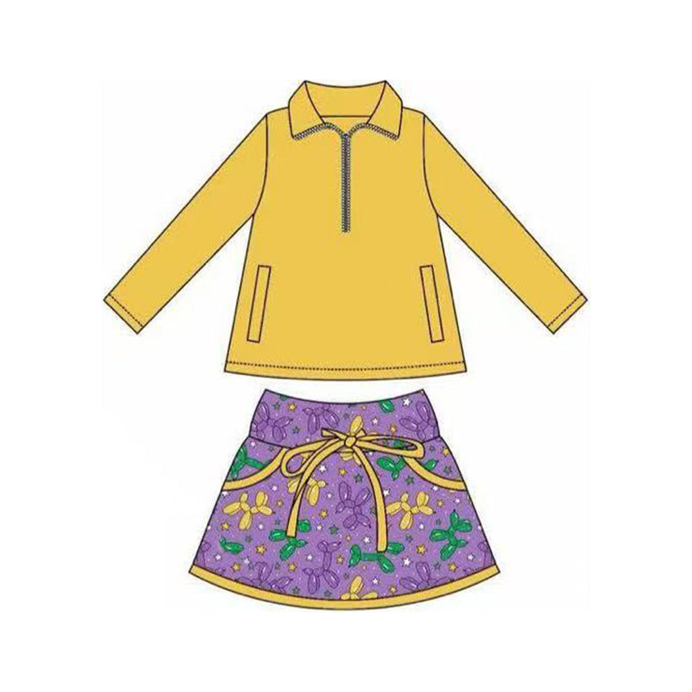 preorder GLD1353 Mardi Gras yellow zipper long sleeve balloon purple skort skirt girls set