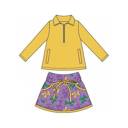 preorder GLD1353 Mardi Gras yellow zipper long sleeve balloon purple skort skirt girls set