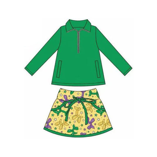 preorder GLD1354 Mardi Gras green zipper long sleeve balloon yellow skorts skirt girls set