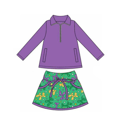 preorder GLD1355 Mardi Gras purple zipper long sleeve balloon green skorts skirt girls set
