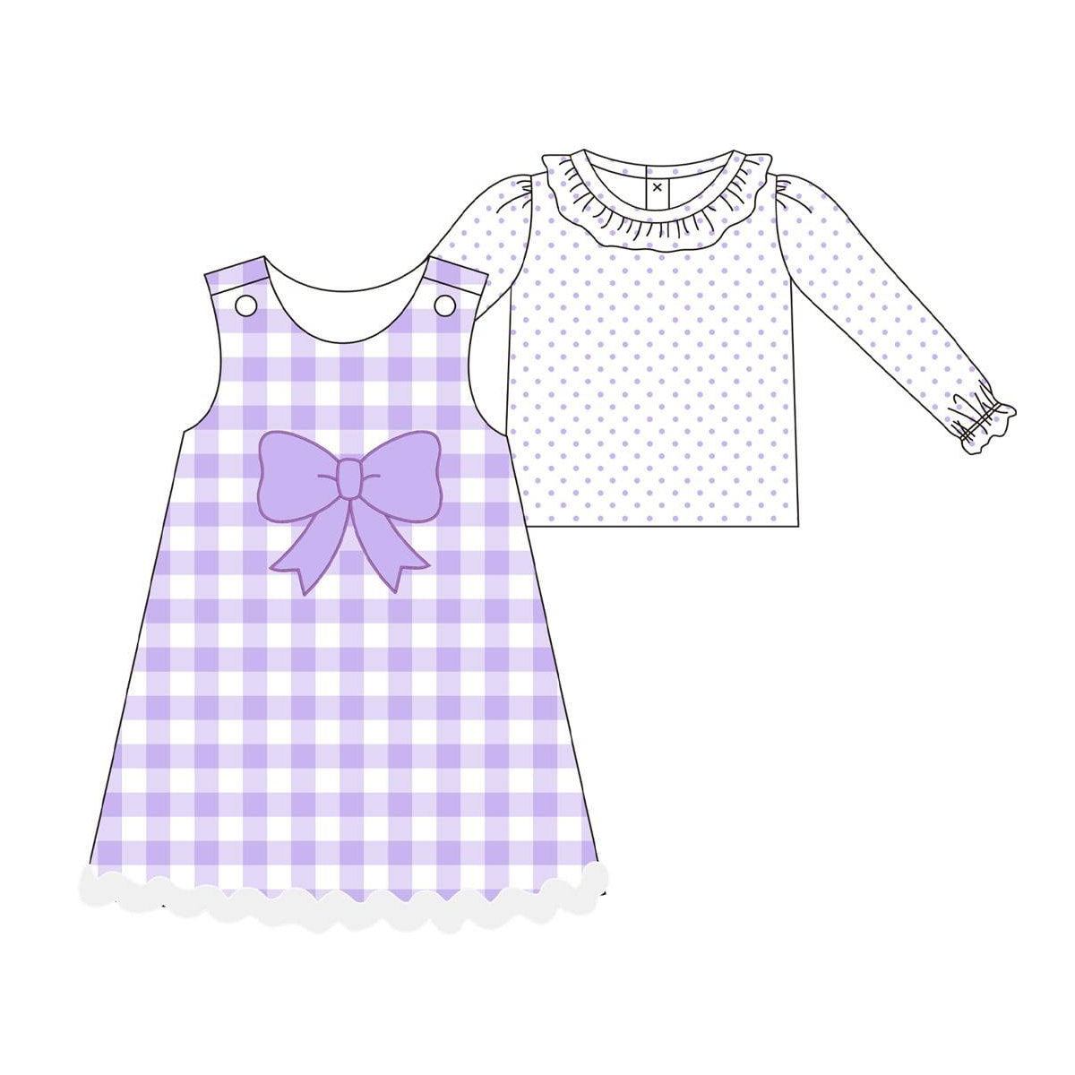 preorder GLD1358 purple dot long sleeve purple bows checkered dress girls set