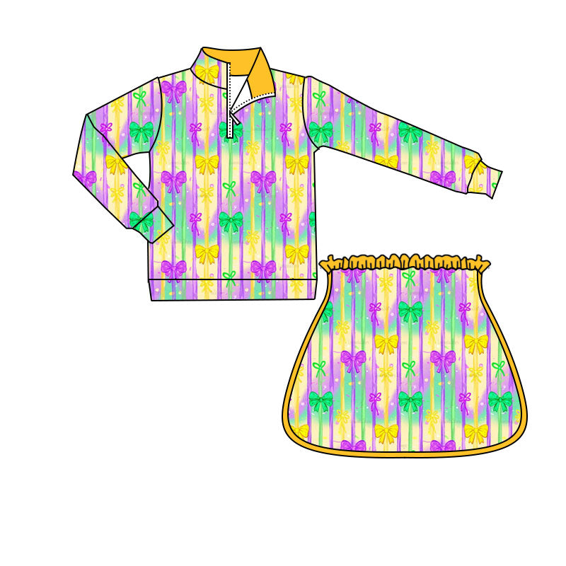 preorder GLD1366 Mardi Gras yellow green purple bows zipper long sleeve skorts skirt girls set