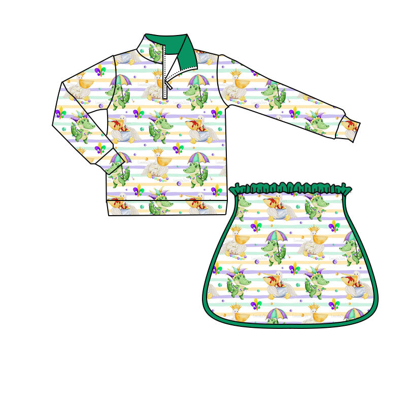 preorder GLD1368 Mardi Gras green crayfish crocodile zipper long sleeve skorts skirt girls set