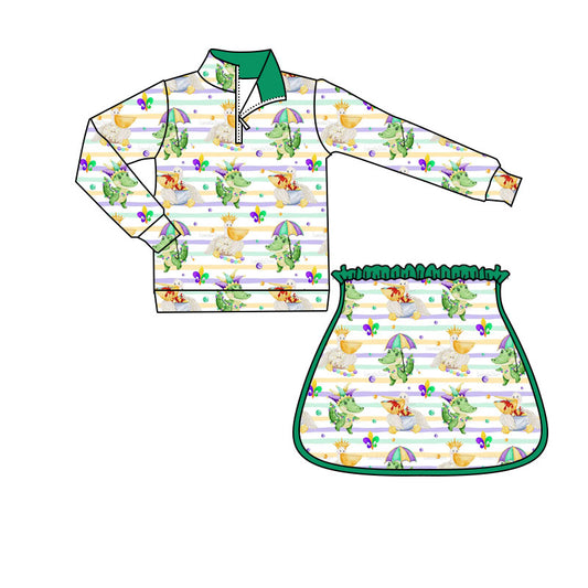 preorder GLD1368 Mardi Gras green crayfish crocodile zipper long sleeve skorts skirt girls set