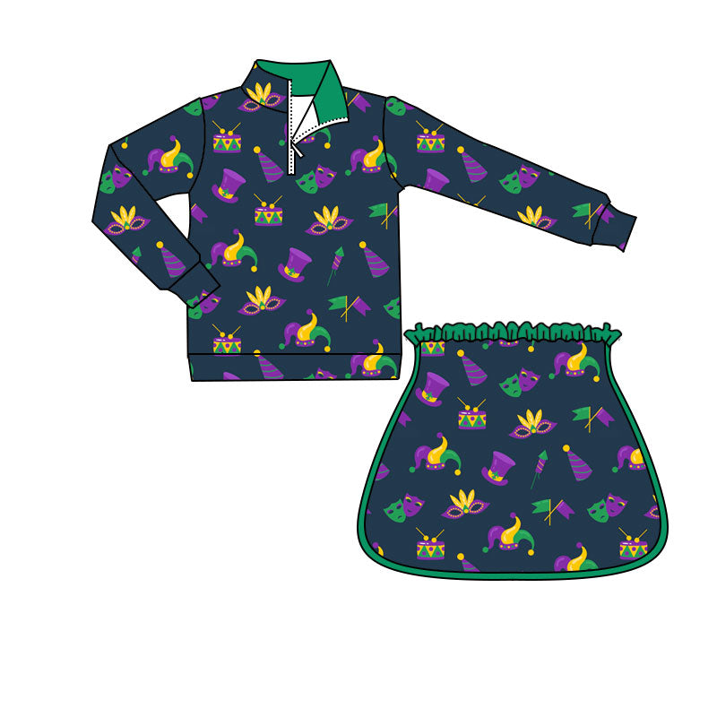 preorder GLD1369 Mardi Gras purple mask hat zipper long sleeve skorts skirt girls set