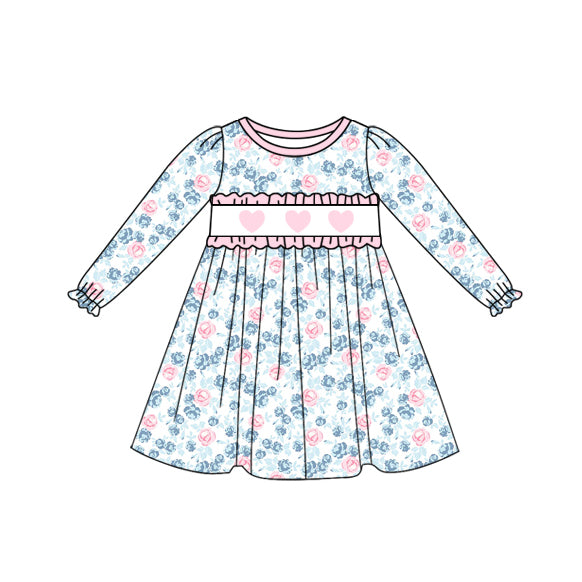 preorder GLD1376 Valentine's Day pink heart blue flowers floral long sleeve girls dress