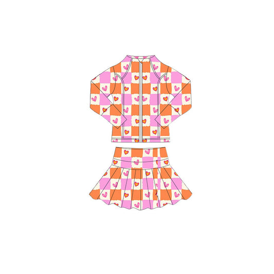 preorder GLD1388 Valentine's Day heart orange purple zipper long sleeve coat skorts skirt girls set
