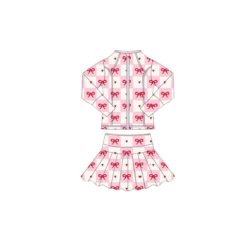 preorder GLD1389 Valentine's Day heart bows pink zipper long sleeve coat skorts skirt girls set