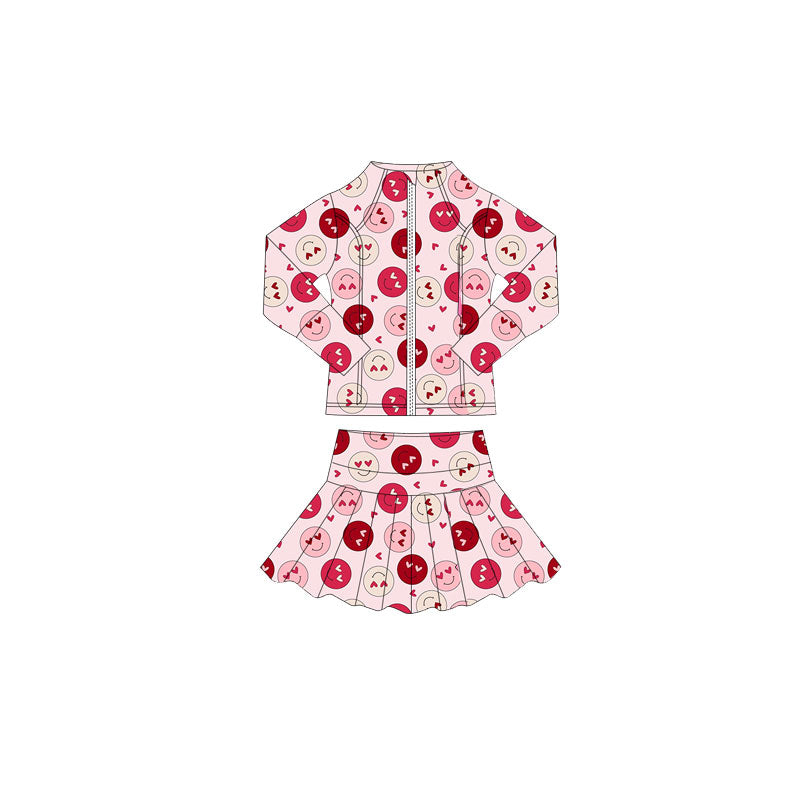 preorder GLD1391 Valentine's Day heart smile pink zipper long sleeve coat skorts skirt girls set