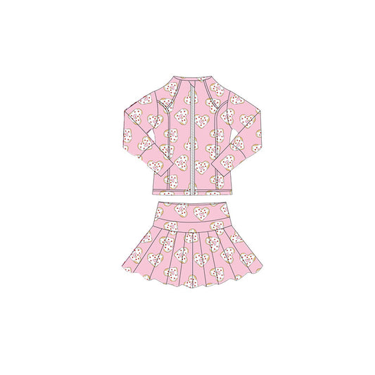 preorder GLD1394 Valentine's Day heart pink zipper long sleeve coat skorts skirt girls set