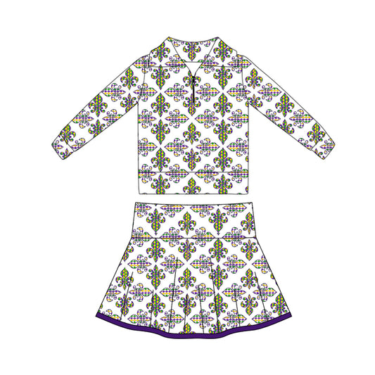 preorder GLD1395 yoga Mardi Gras zipper long sleeve skorts skirt girls set