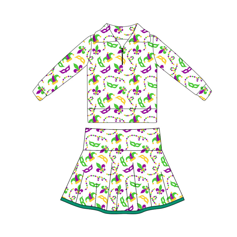 preorder GLD1396 yoga Mardi Gras zipper long sleeve skorts skirt girls set