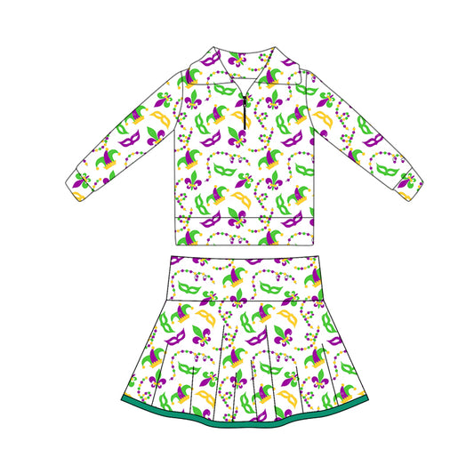 preorder GLD1396 yoga Mardi Gras zipper long sleeve skorts skirt girls set