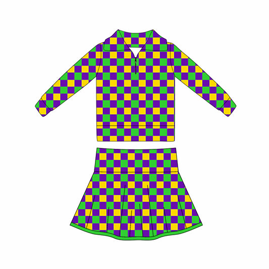 preorder GLD1397 yoga Mardi Gras zipper long sleeve skorts skirt girls set