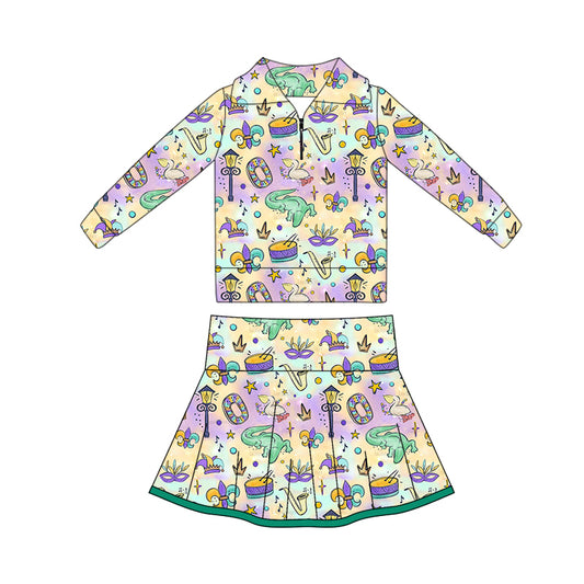 preorder GLD1401 yoga Mardi Gras zipper long sleeve skorts skirt girls set