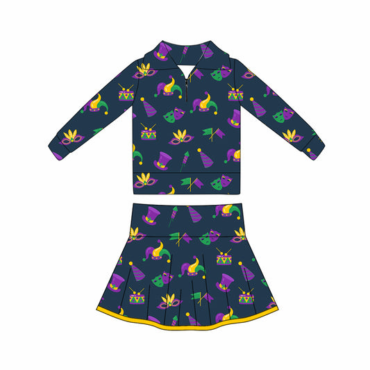 preorder GLD1402 yoga Mardi Gras zipper long sleeve skorts skirt girls set