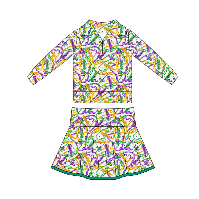 preorder GLD1404 yoga Mardi Gras zipper long sleeve skorts skirt girls set