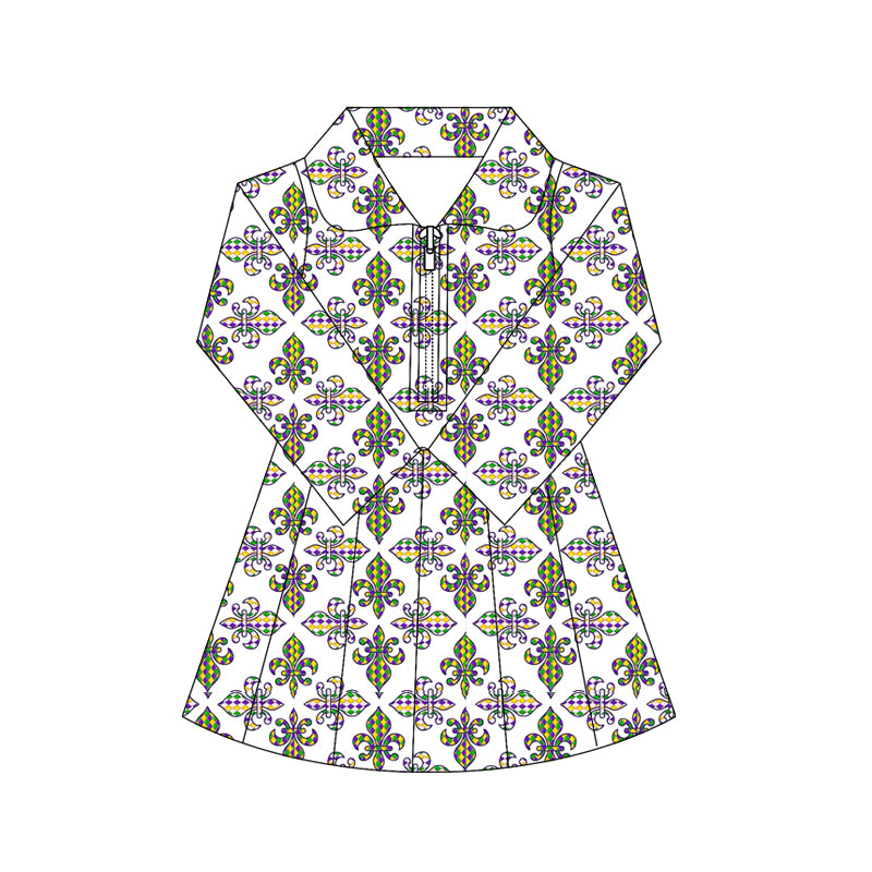 preorder GLD1405 yoga Mardi Gras zipper skorts long sleeve girls dress