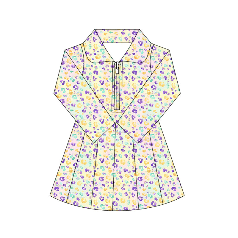 preorder GLD1410 yoga Mardi Gras zipper skorts long sleeve girls dress