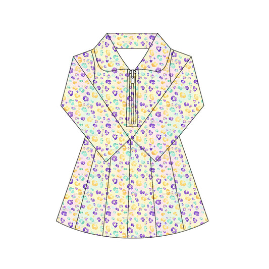 preorder GLD1410 yoga Mardi Gras zipper skorts long sleeve girls dress