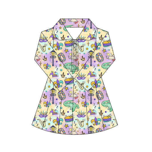 preorder GLD1411 yoga Mardi Gras zipper skorts long sleeve girls dress