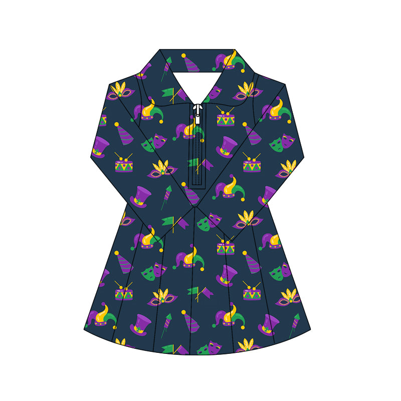 preorder GLD1412 yoga Mardi Gras zipper skorts long sleeve girls dress