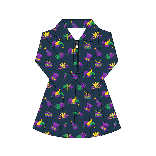preorder GLD1412 yoga Mardi Gras zipper skorts long sleeve girls dress
