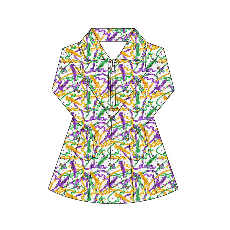 preorder GLD1414 yoga Mardi Gras zipper skorts long sleeve girls dress