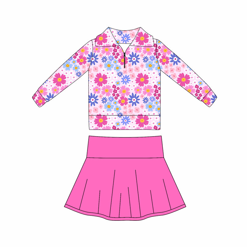 preorder GLD1418 flowers hot pink long sleeve hot pink skorts skirt girls set