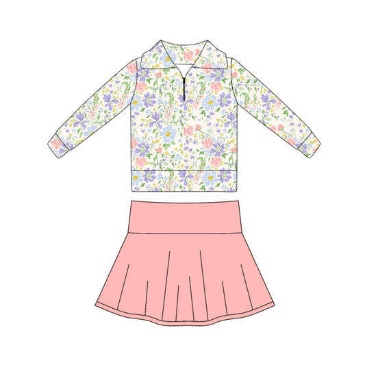 preorder GLD1420 yoga colorful flowers floral long sleeve pink skorts skirt girls set