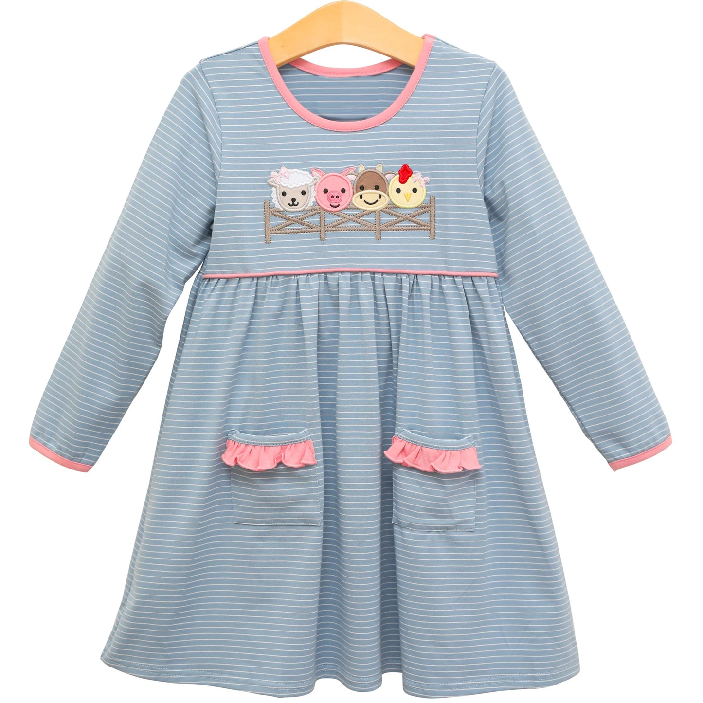 preorder GLD1426 farm animals cow pig blue long sleeve girls dress